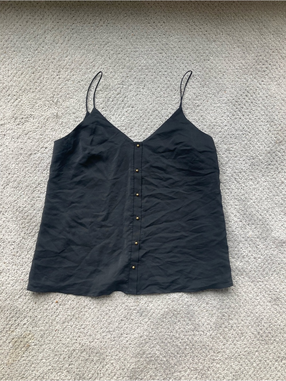 Amanda Uprichard Black Spaghetti Strap Silk Blouse with Gold Buttons